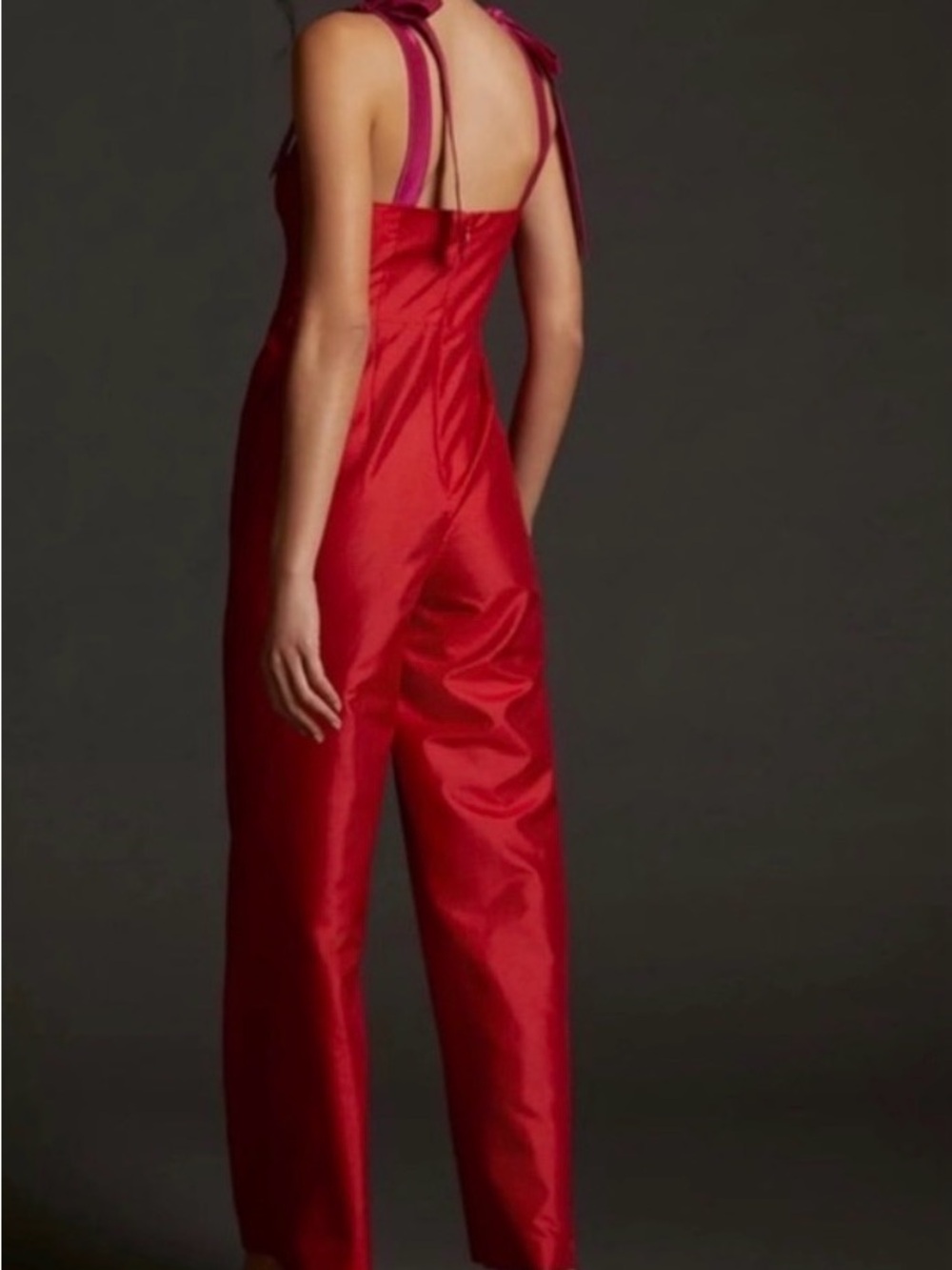 Anthropologie Two Tone Red Satin Wide-Leg Jumpsuit with Pink Tie Straps - Picture 2 of 8